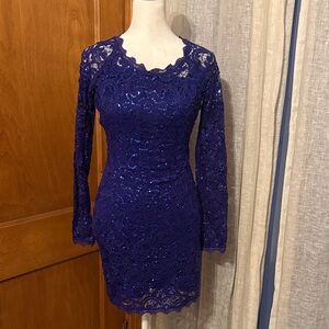 Royal Blue Lace Sequin Long-Sleeve Sheath Dress